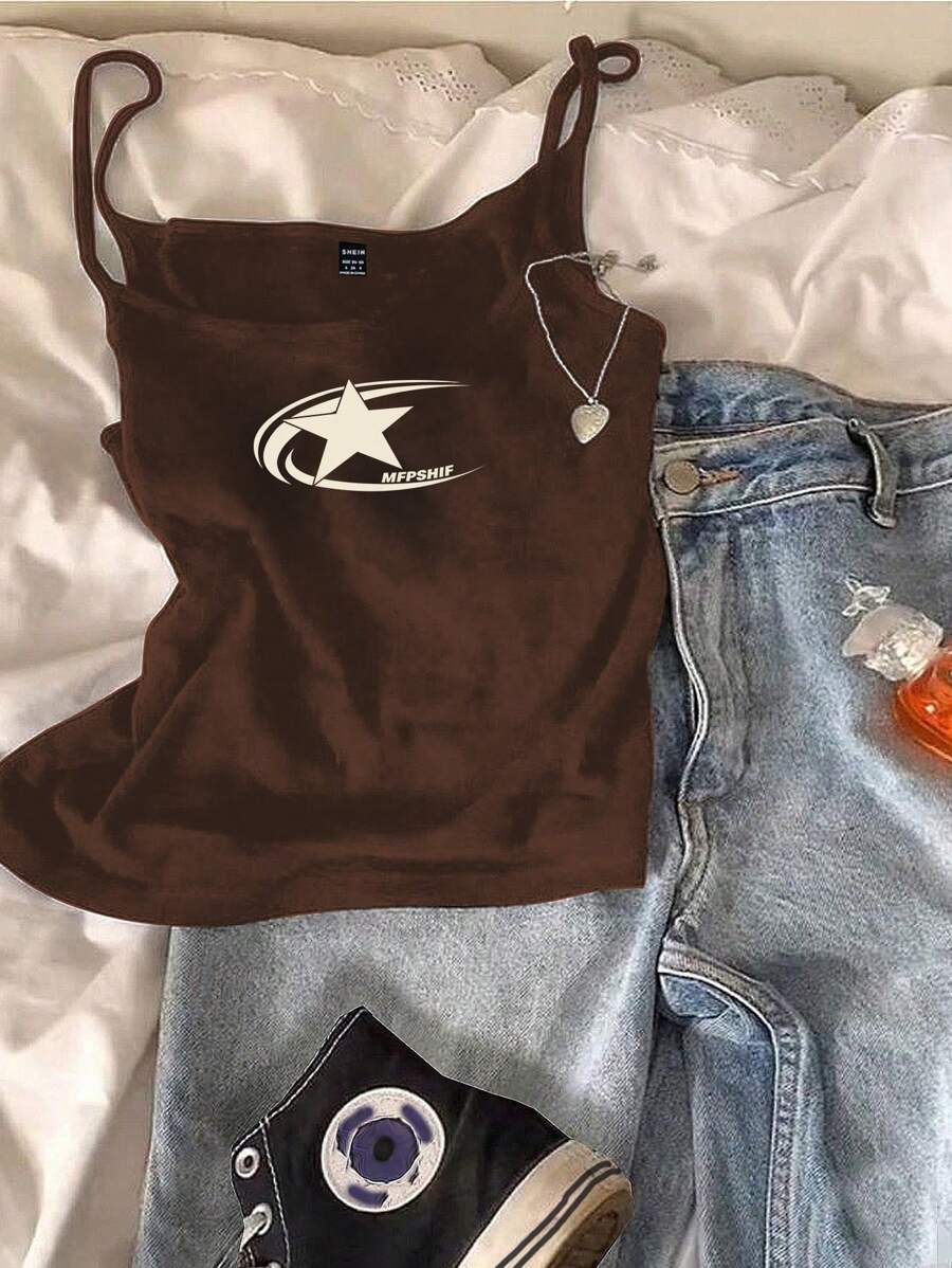 Attitoon Casual And Simple Star Printed Tight-Fitting Camisole Top For Women, Suitable For Summer Back To School
