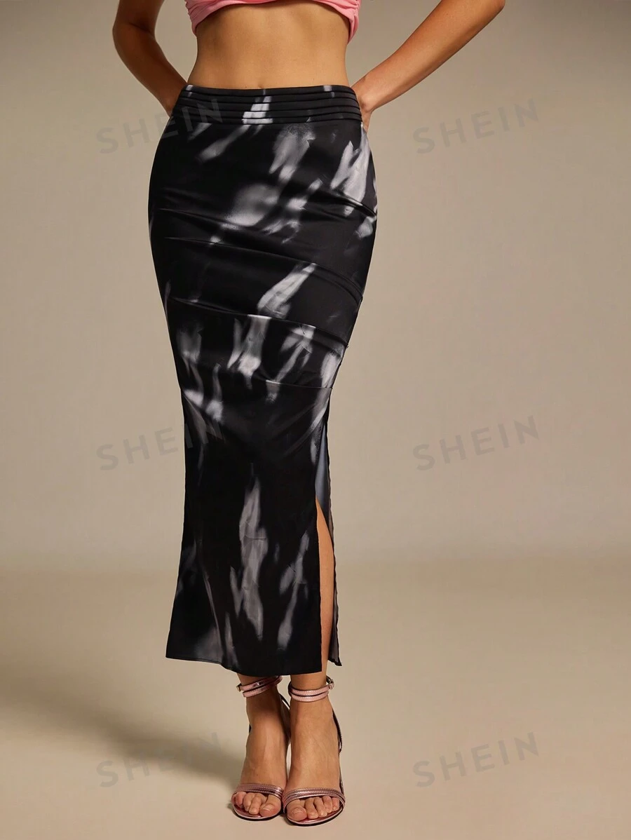 SHEINNeu Falda A-Line para uso diario de mujeres con diseño impreso, falda negra, falda de satén