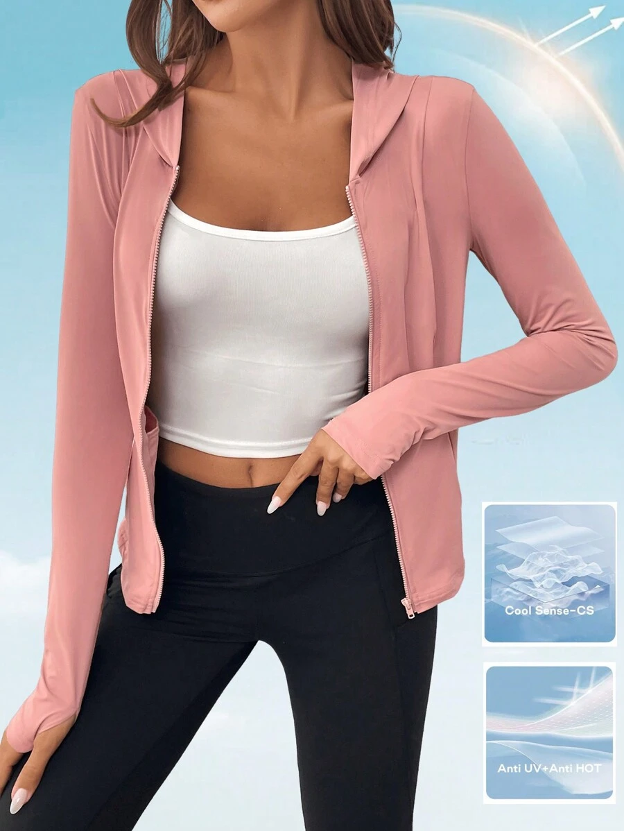SHEIN LUNE High-End Women's Fitness Jacket, Outdoor Running Slimming Pink Long Sleeve Hooded Summer / Early Autumn Sports Sunscreen Coat With UV Protection And Cooling Comfort Fall Clothes Leopard Fall Tops Fall Outfits