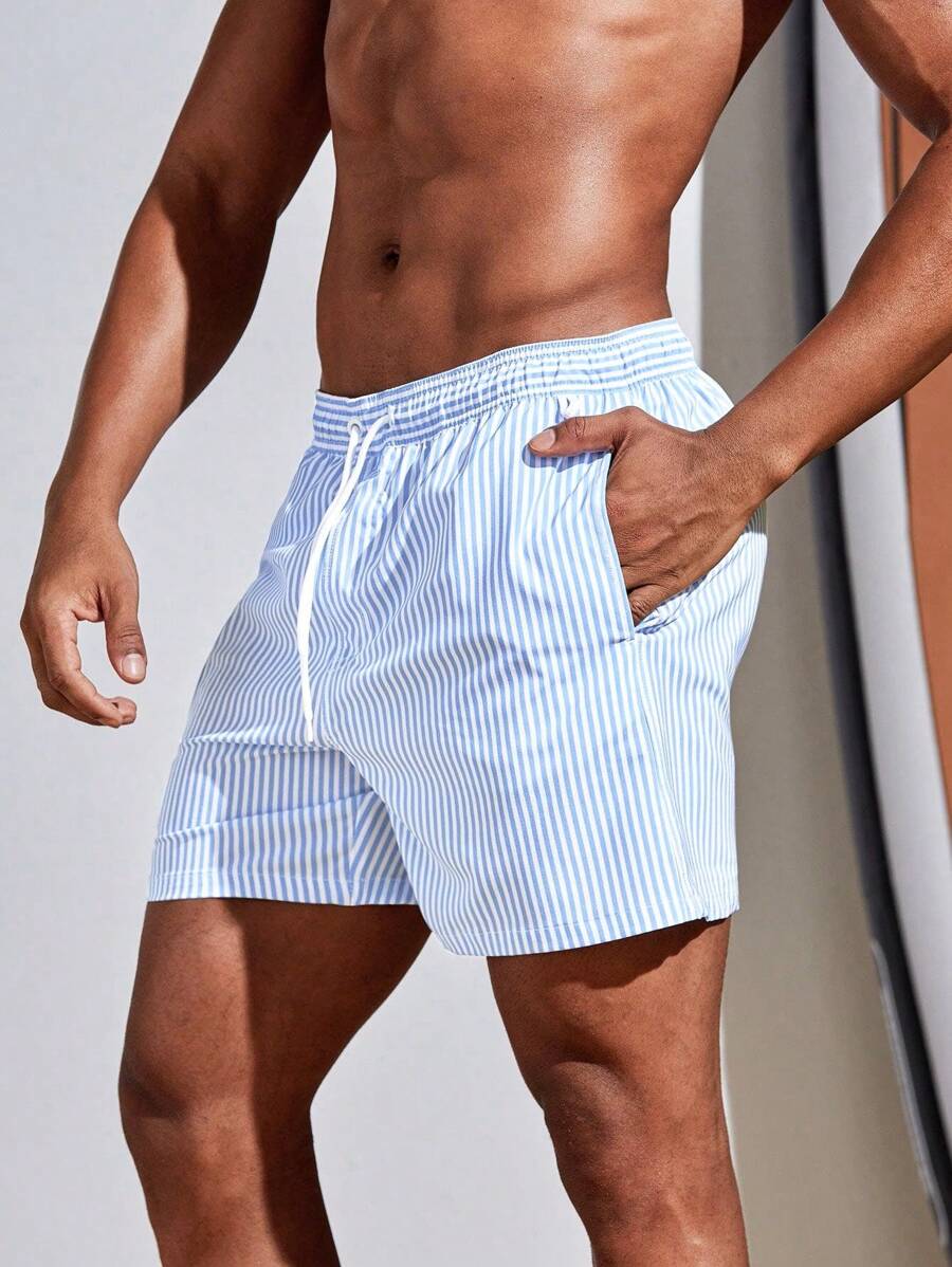 Manfinity Swimmode Hombres Shorts de natación de rayas verticales de cintura con cordón