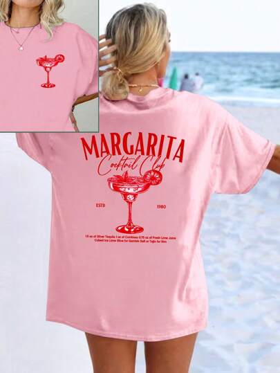 SHEIN Unity Women's Margarita Cocktail White Loose Fit Short Sleeve T-Shirt For Summer Graphic Tees Women Tops