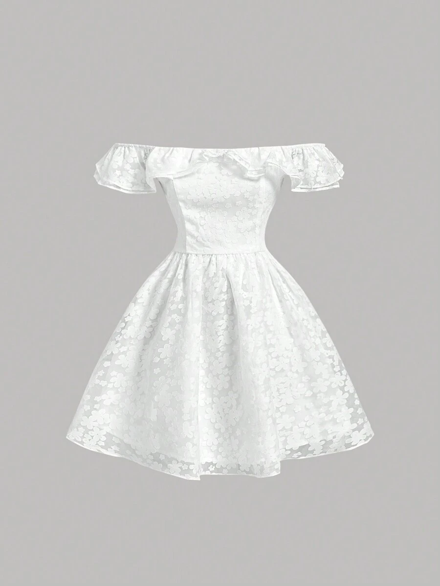 SHEIN MOD White Layered Ruffle Off-Shoulder Dress With Floral Cutouts And Short Hemline,Tube Dress,Summer Wedding