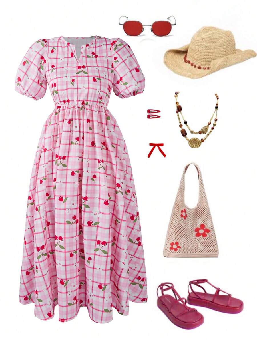 Tween Girls' Ditsy Floral Short Sleeve Dress, Perfect For Vacation, Picnic, And Play