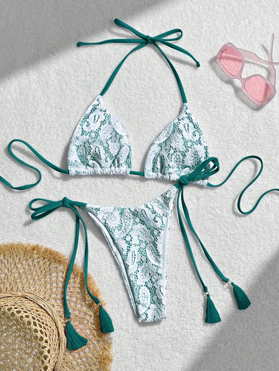 SHEIN Swim Ensemble de bikini sexy d'été pour femmes, avec imprimé paisley et dentelle, encolure ras-du-cou et cravate au cou, pour la plage