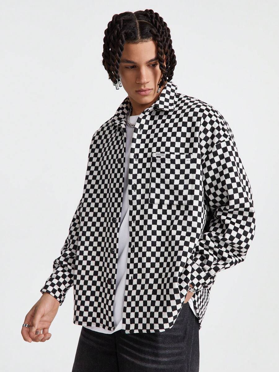 Manfinity VCAY Men's Loose Long Sleeve Plaid Shacket, Black And White Color Block Preppy Plaid Shacket