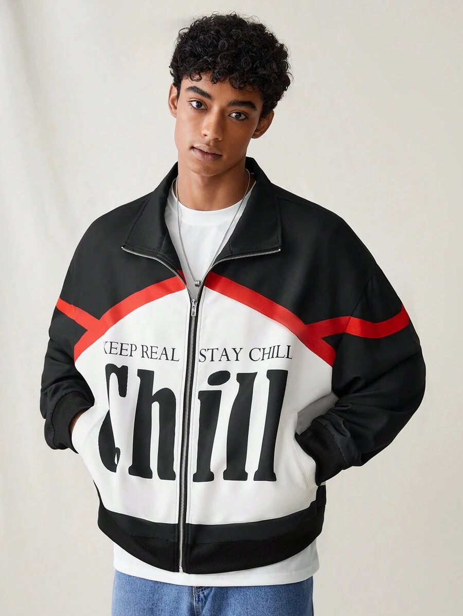 Manfinity VCAY Men's Woven Fashionable Casual Loose Fit Long Sleeve Zipper Front Jacket For Daily Wear