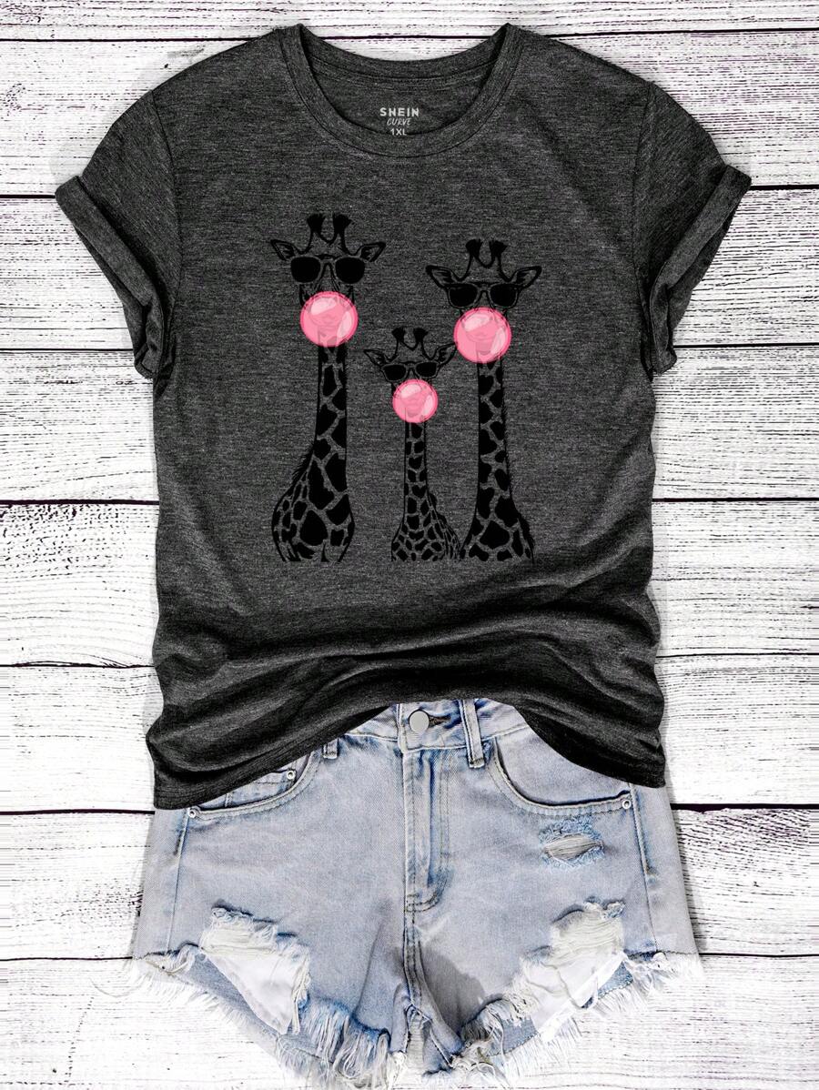 INAWLY Camiseta casual de gráfico de manga corta y cuello redondo con estampado de jirafa para mujer de talla grande