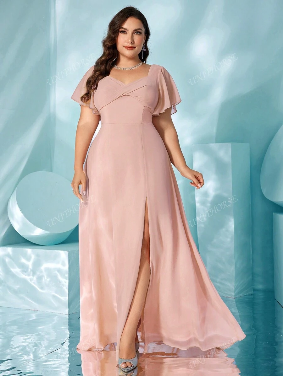 UNITHORSE Plus Size V-Neck Flounce Sleeve Chiffon Dress With Back Bow Tie, Elegant And Stylish, Split Design For Elongating Legs, Graceful And Dynamic Evening Dress Bridesmaid Dress