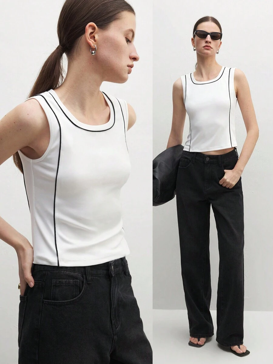 BizChic Women's Business Attire Office Work Cheongsam Style Black & White Contrast Knitted Fitted Tank Top