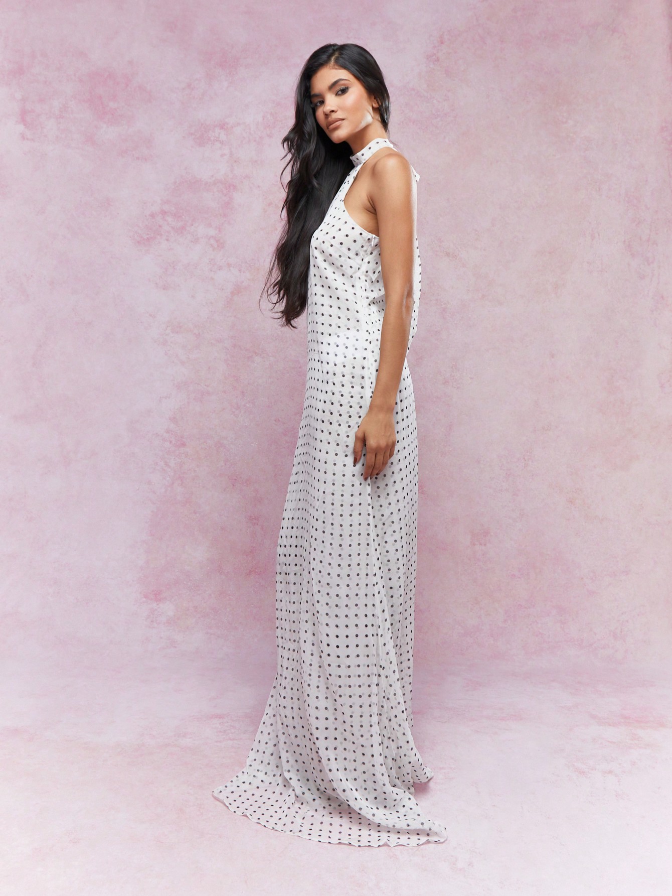 MISSGUIDED Sheer Double Layered Polka Dot Halter Neck Maxi