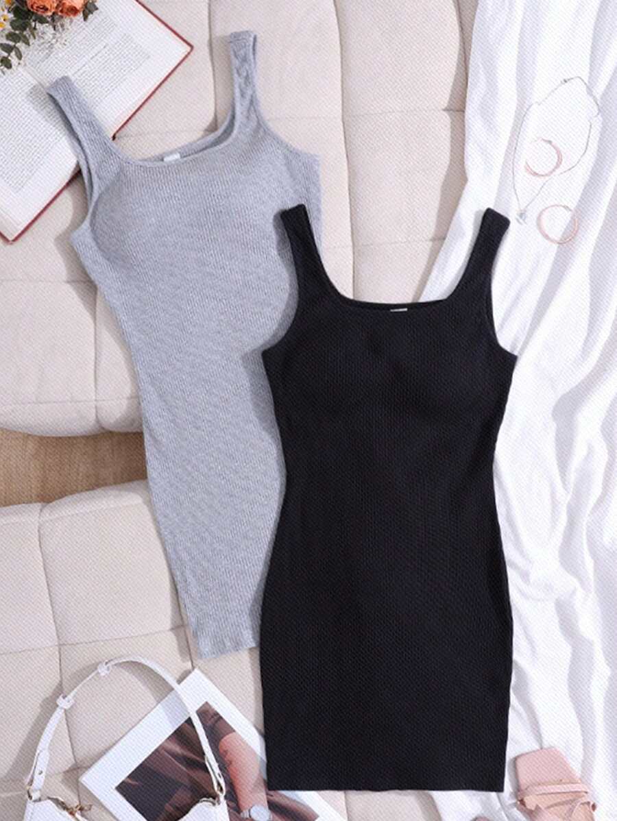 SHEIN 2 peças Vestido de Tubinho de Cor Sólida de Malha para Adolescentes com Almofada de Peito Removível