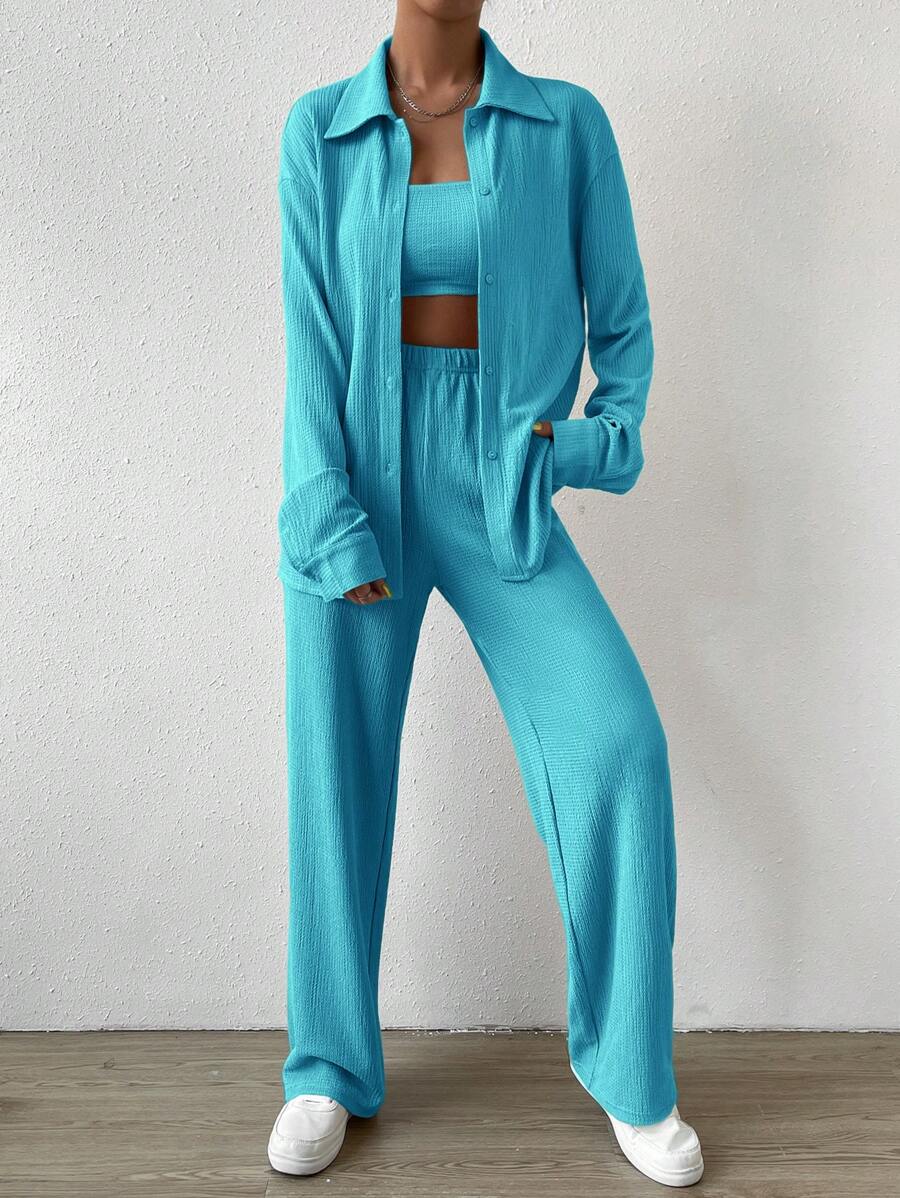 SHEIN EZwear Solid Crop Tube Top & Drop Shoulder Shirt & Pants For Dailywear
