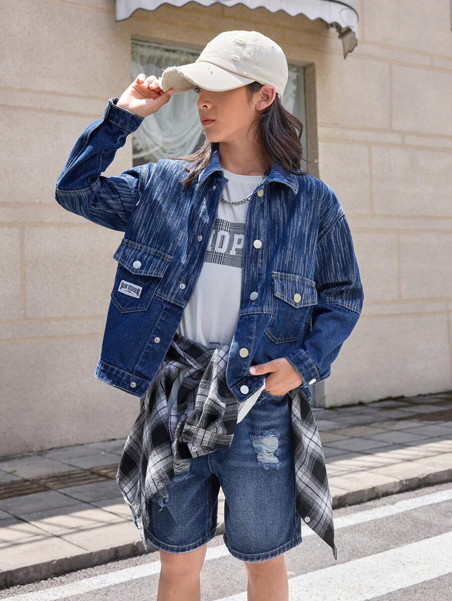 Adolescenți băieți mediu spălat albastru elegant mozaic simplu jachetă de jeans