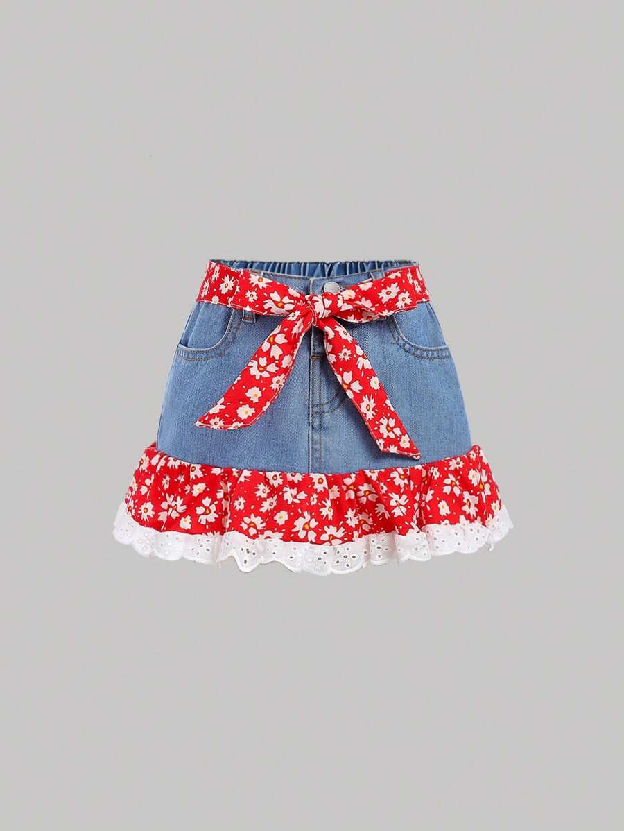 SHEIN Kleine Mädchen Denim Rock in Patchwork-Optik mit Blume Muster, blau