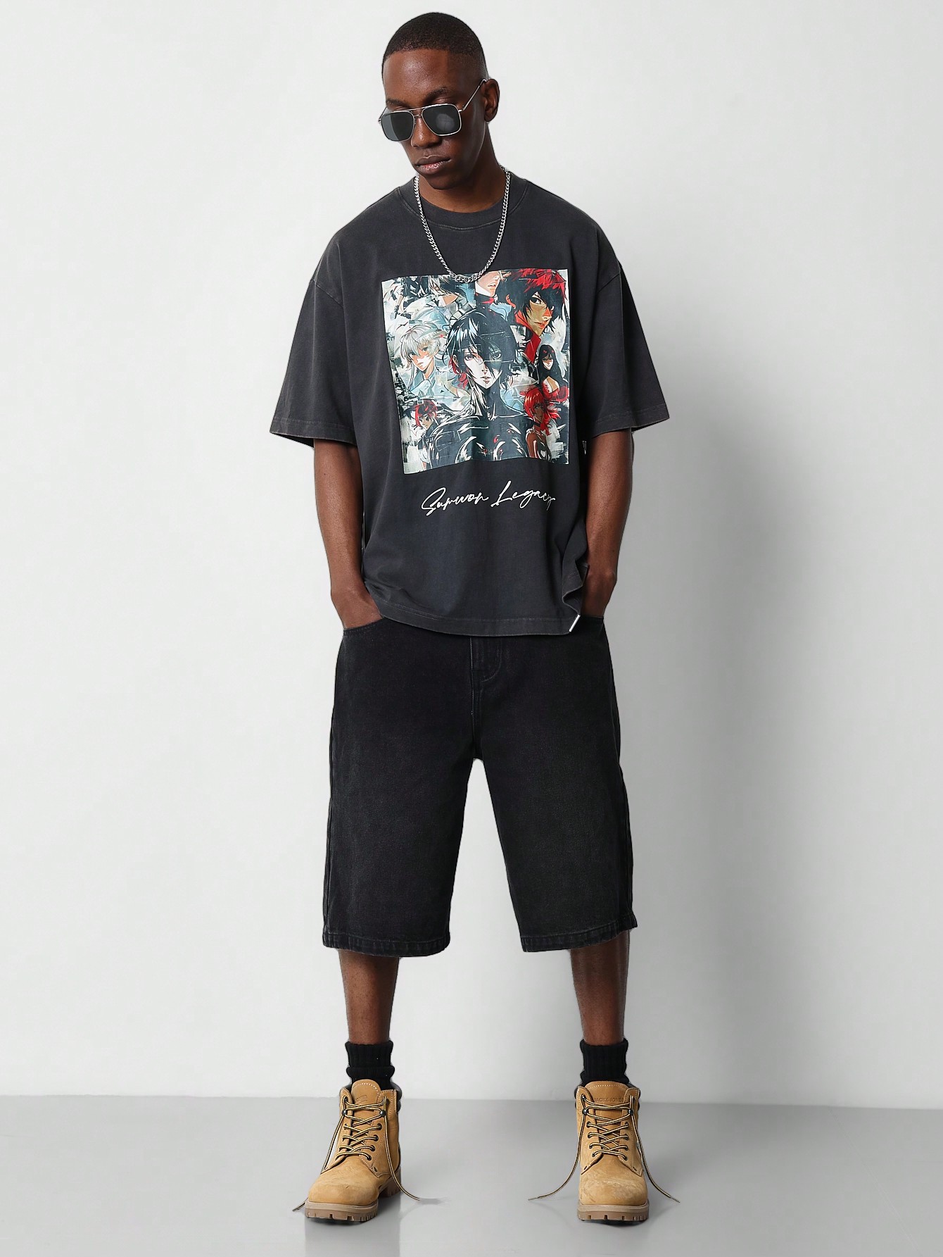 Regular Fit Short Sleeve Washed Tee With Anime Graphics