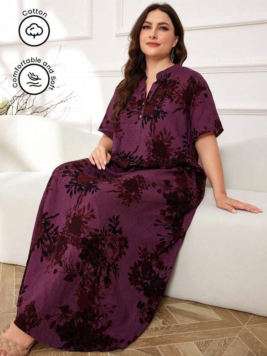 Al Najma Vestido floral con cuello en pico, vestido holgado de manga corta tipo maxi jalabiya casual como ropa de estar en casa