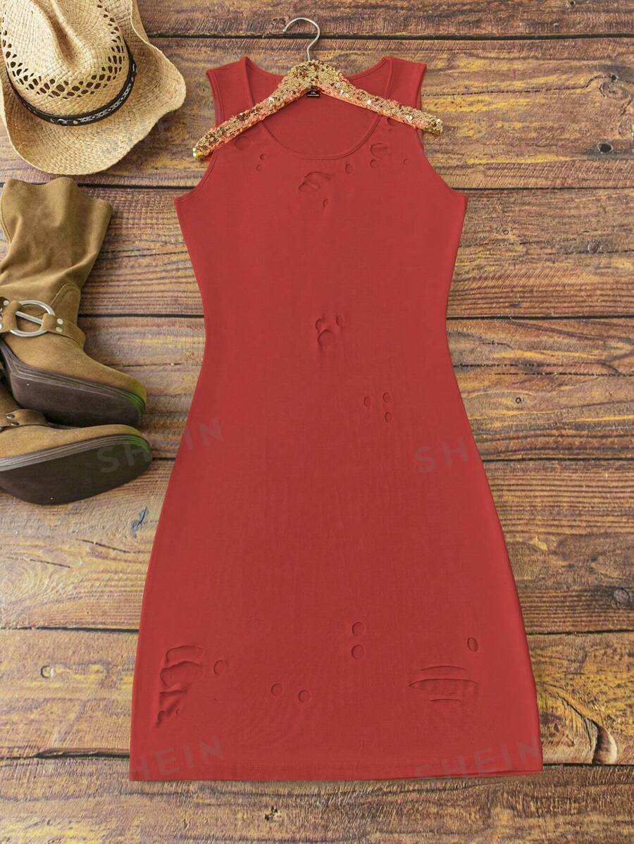 SHEIN LUNE Vestido de corte talla grande grande sin mangas, ajustado al Body, con cortes y rasgaduras en la tela