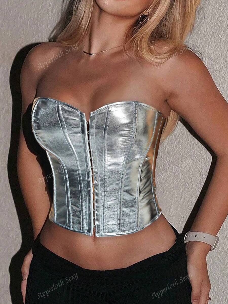 Correa metálica plateada de estilo punk con anilla y remache, top con cordones y espalda descubierta de PU, shapewear tipo top recortado para fiestas de música electrónica, festivales edgy