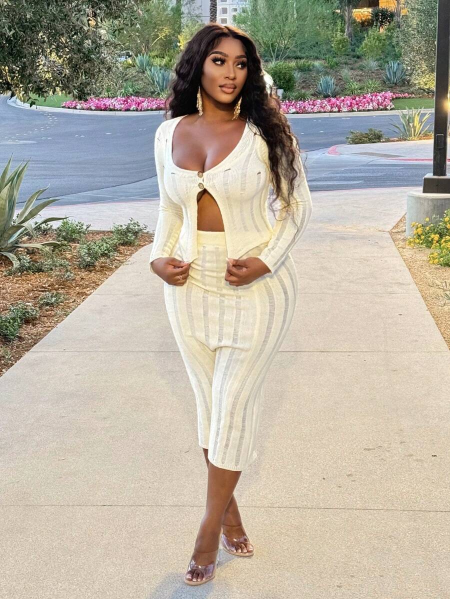 Slaydiva Autumn And Winter Casual Simple Home Deep V-Neck Long-Sleeved Front And Middle Hem Slit Top Slim-Fitting Back Hem High Slit Skirt Wide Ribbed Woolen Khaki Apricot Women's Sweater Two-Piece Set-A