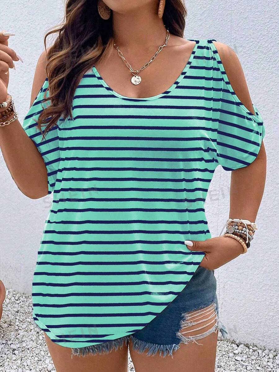 Franclia Camiseta holgada de manga corta y hombros abiertos a rayas para mujer de talla grande, camisetas gráficas de verano para mujeres, Día de San Patricio