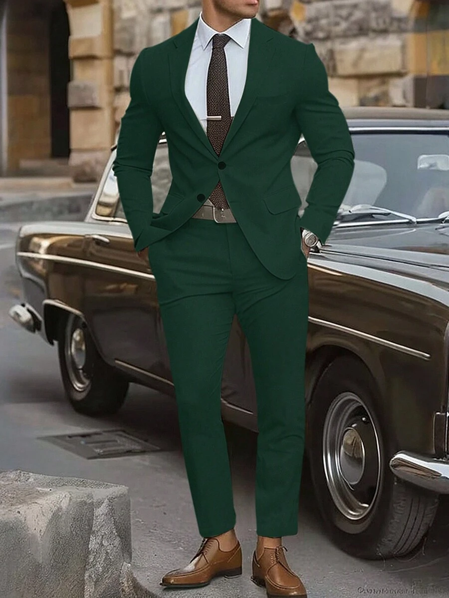 Manfinity Mode Solid Color Front Button Long Sleeve Jacket And Pocketed Long Pants Suit