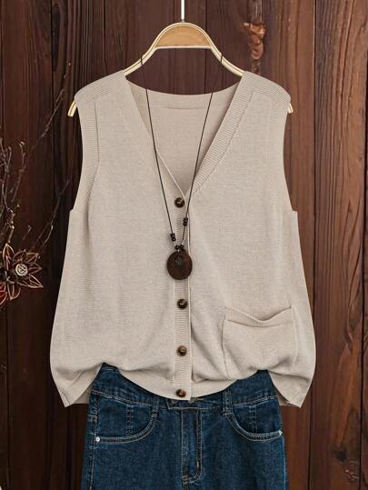 SHEIN JORESS New Women's V-Neck Sleeveless Vest With Front Button, Versatile And Simple Style