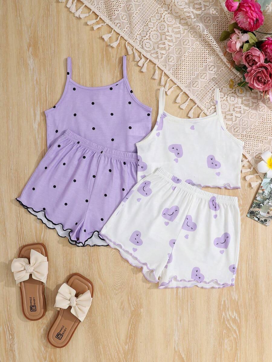 SHEIN 4pcs Young Girl Cute Rabbit Pattern Knitted Set - Tank Top, Shorts, And Pajamas For Summer