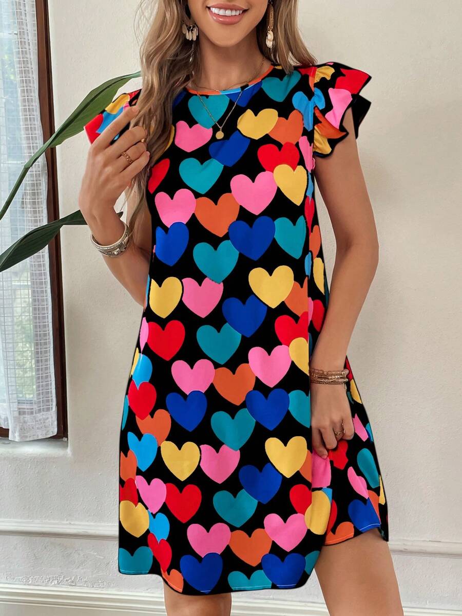 SHEIN Essnce Women Colorful Heart All-Over Printed Dresses Print Floral Decorated Dress Mother Day Outfit Summer Clothes Casual Summer Dress Teacher Dress