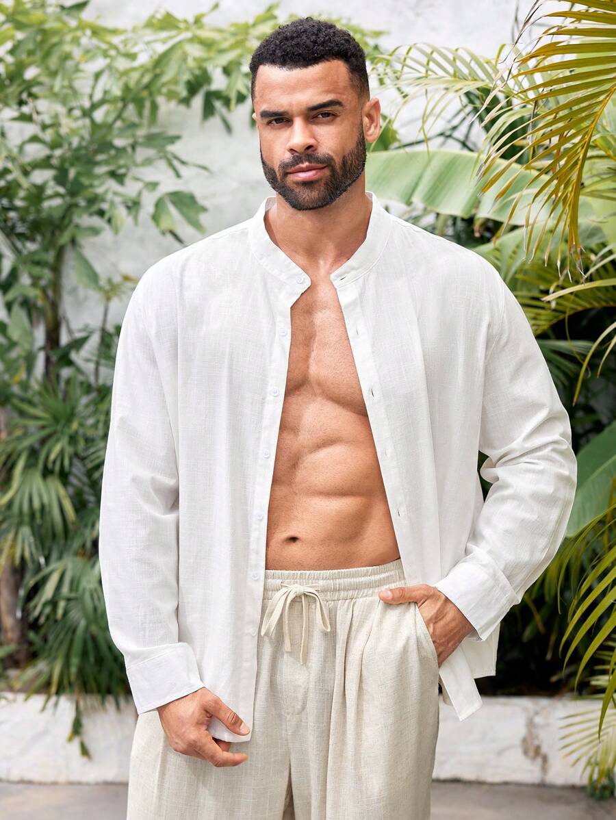 ResortEase Camisa de manga larga con cuello alto de talla grande para hombre