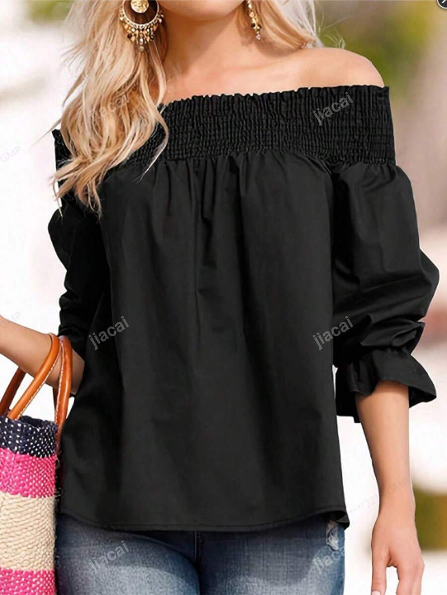 Plus Size Women Off-Shoulder Solid Color Fashionable Loose Blouse