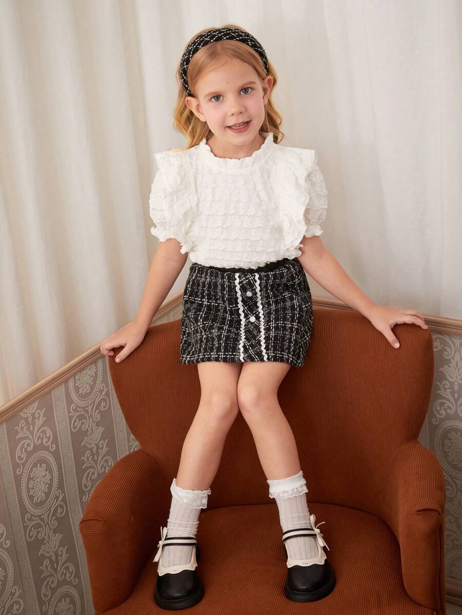 SHEIN 2pcs/Set Little Girls Elegant Commute Casual Ruffle Collar Puff Sleeve T-Shirt And Boucle A-Line Skirt Outfit, Back To School