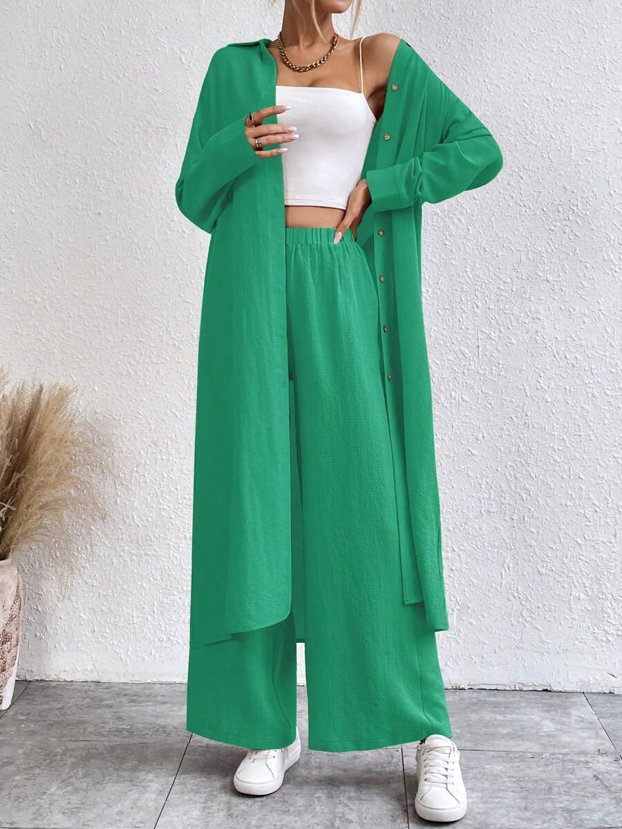 SHEIN LUNE Solid Single Breasted Batwing Sleeve Coat & Wide Leg Pants