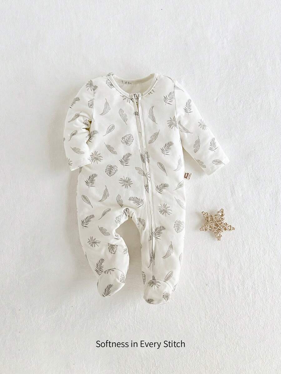 Cozy Pixies Newborn Baby Boys' & Girls' Colorful Apricot Contrast Color Knitted Footed Romper With Plant & Floral Pattern, Soft & Comfortable, Breathable, With Zipper Closure And Round Neckline. Suitable For Casual In-Home Wear All Year Round.