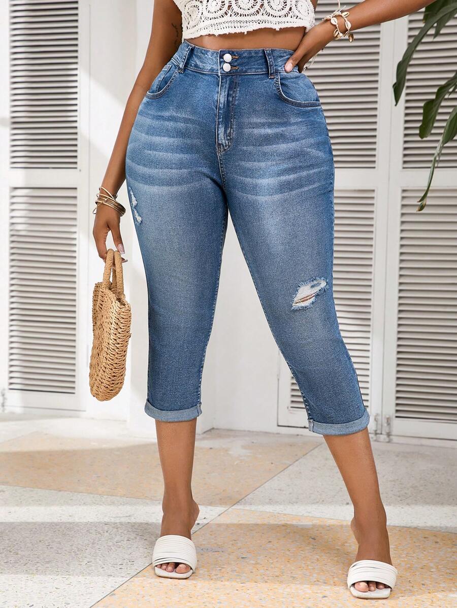SHEIN VCAY Jeans Capri ajustados y sexys de talla grande con detalles destrozados y tejido elástico, color azul