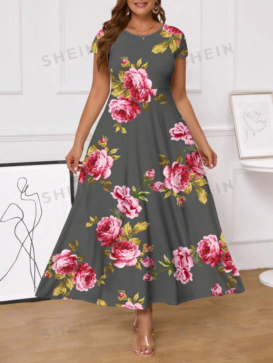 SHEIN Clasi Vestido de mujer de talla grande, largo, ajustado, con cintura fruncida y estampado de flores
