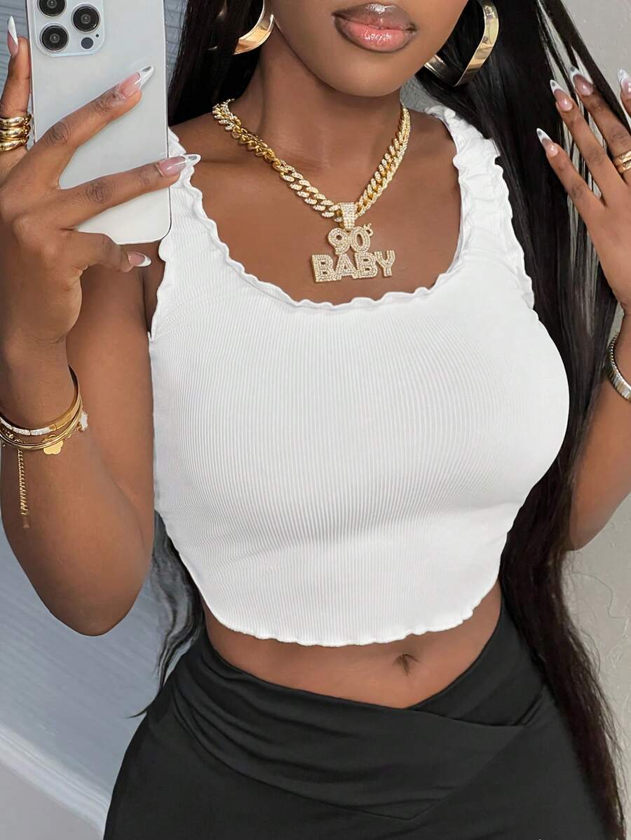 Slaydiva Camiseta básica dulce y linda blanca de ribete con correa de encaje, cuello redondo, sin mangas, elástica y ajustada para mujer, camiseta sin mangas de verano