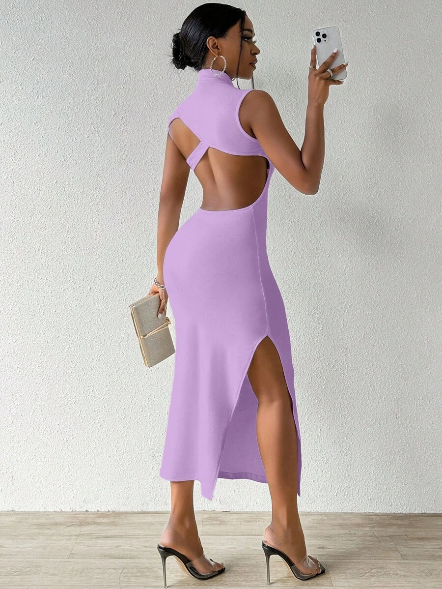 VaVaBold Solid Color High Neck Sleeveless Backless Dresses For Women
