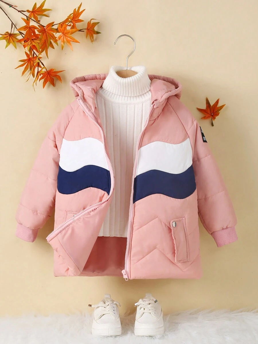 SHEIN Meninas da criança casual minimalista manga raglan solto contraste cor design falso bolso gola alta grossa à prova de vento quente jaqueta de inverno