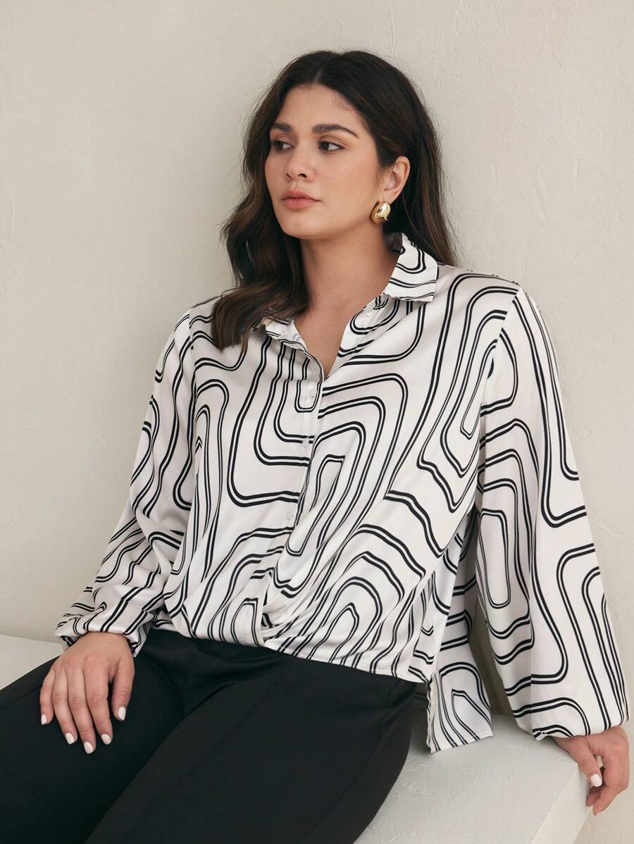 BizChic Plus Size Women's Retro Print Twist Knot Long Sleeve Loose Casual Work Shirt Long Sleeves Old Money