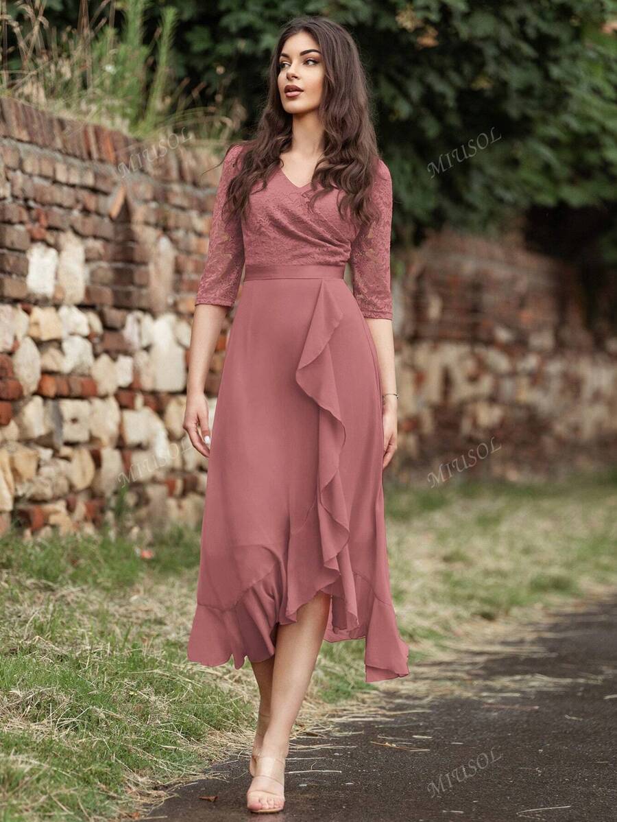 MIUSOL V Neck Floral Lace Ruffle Trim 3/4 Sleeve Evening Party Long Dress