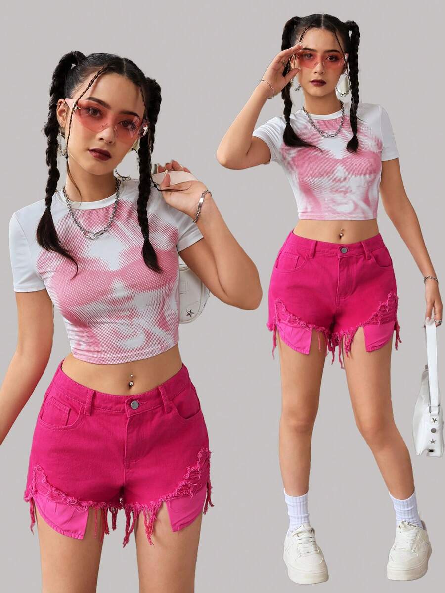 SHEIN Shorts de Denim com Bainha Crua Rasgada para Adolescentes