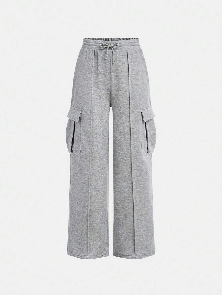 SHEIN Girlism Teen Girl's Knitted Floral Gray Casual Wide-Leg Pants With Patch Pockets