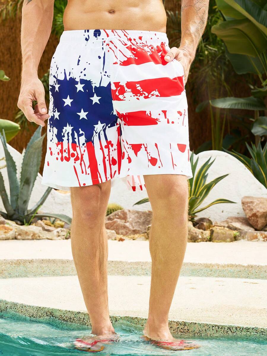 Manfinity Plus Men Flag Print Drawstring Waist Swim Trunks