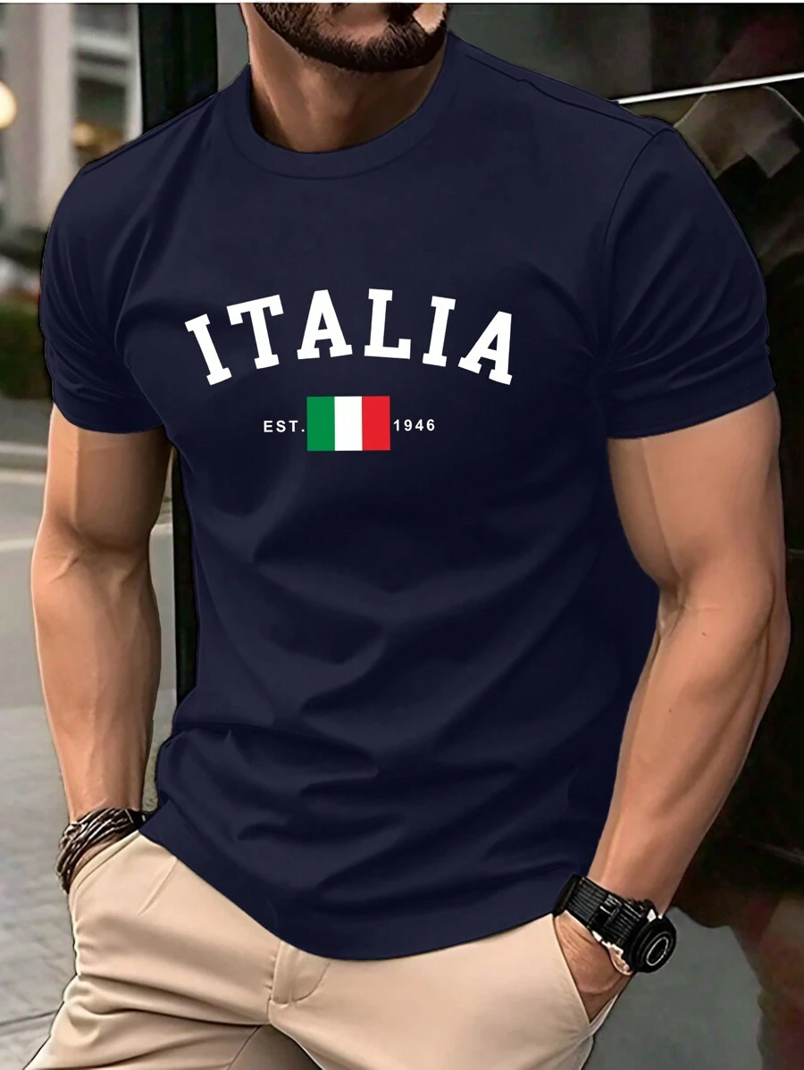 Manfinity Homme Camiseta casual de manga corta y cuello redondo para hombre con impresión de letra de verano