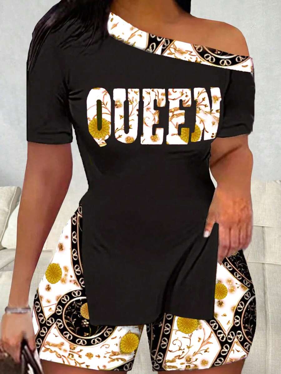 VaVaBold Chain & Letter Graphic Asymmetrical Neck Tee & Biker Shorts