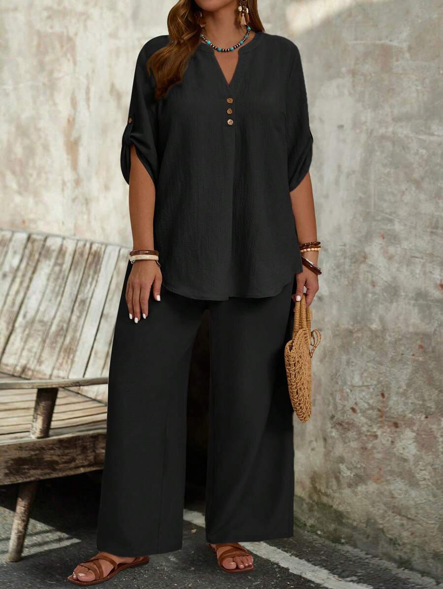 EMERY ROSE Ensemble top à encolure encochée, manches à rouler et pantalon à jambes larges