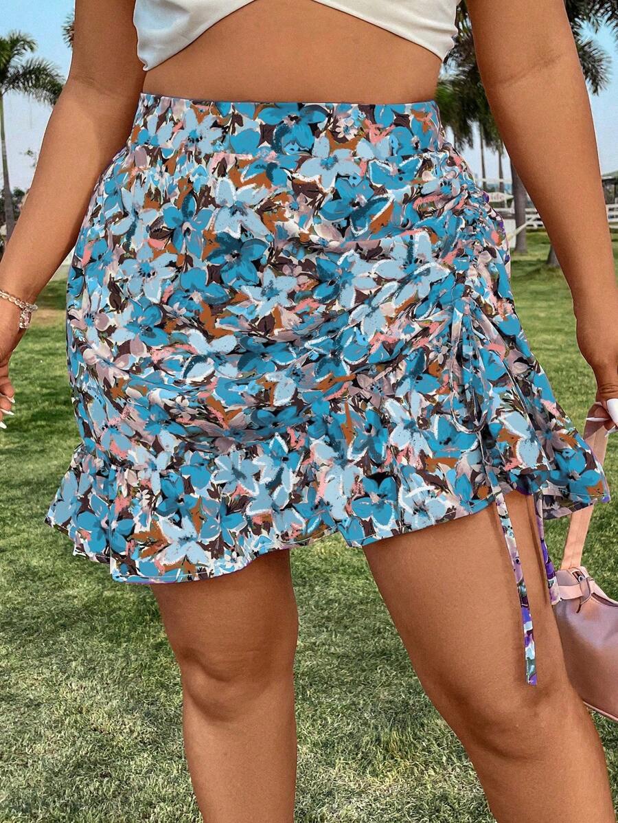 Sunnyshic Plus Allover Floral Print Drawstring Ruffle Hem Skirt