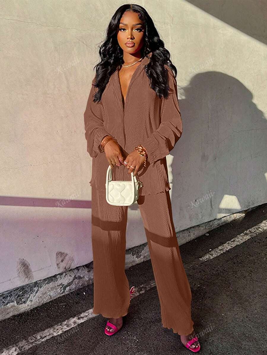 2pcs Women's Fashionable Puff Sleeve Blouse And Comfortable Wide Leg Pants Leisure Outfit