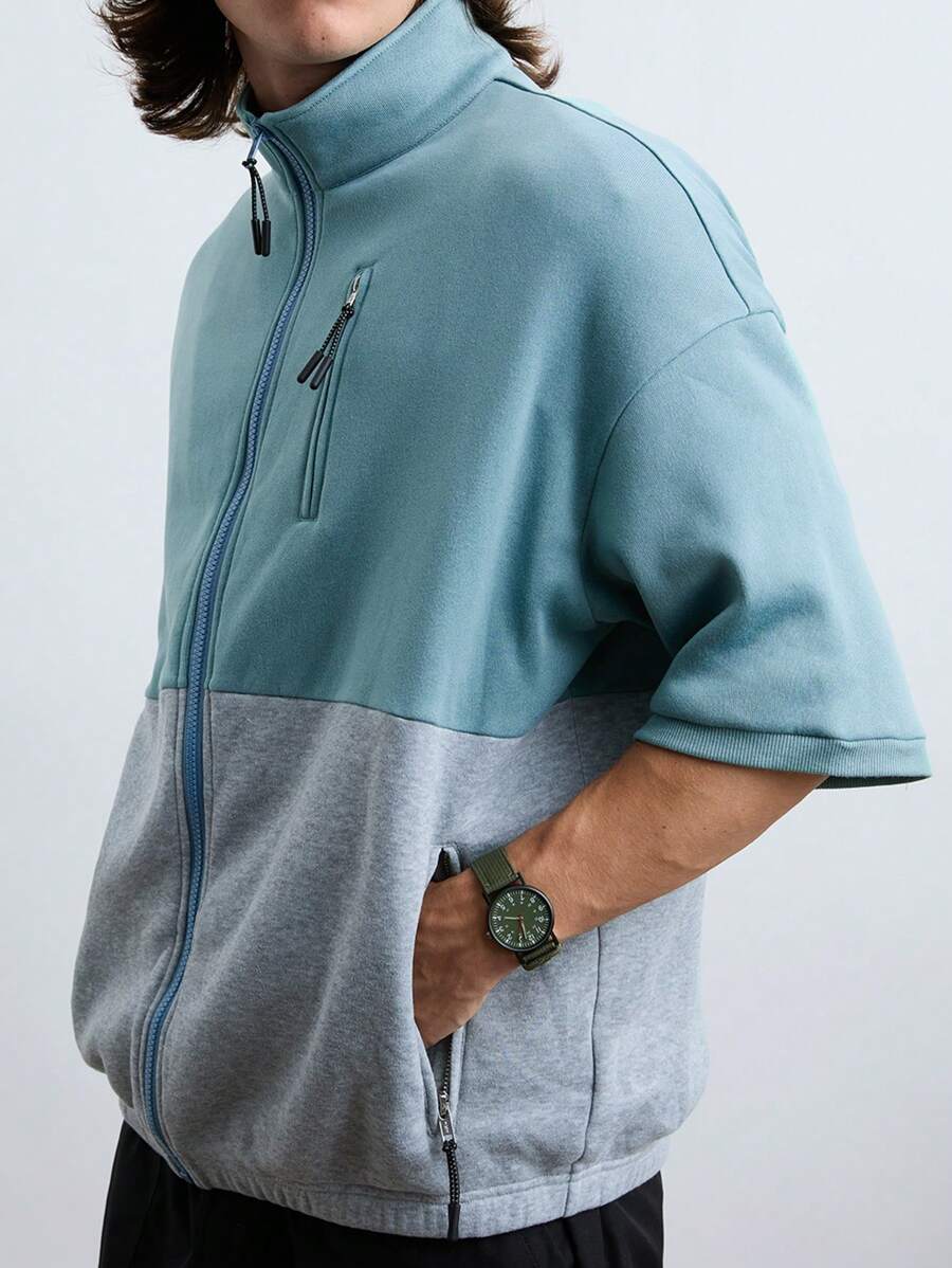 Manfinity VCAY Men's Fashionable Knitted Casual Loose Fit Patchwork Sweatshirt, Daily Wear .Green