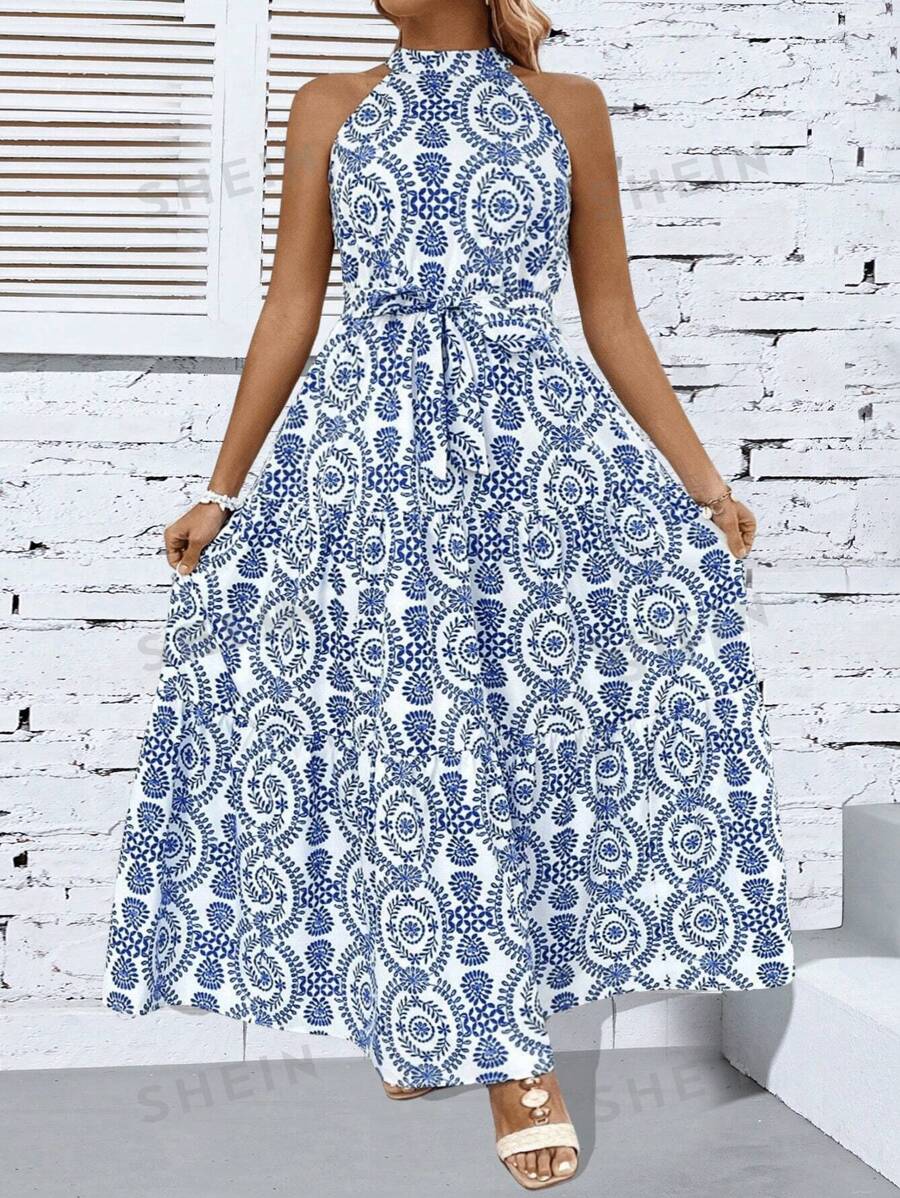SHEIN Clasi Vestido maxi de mujer de talla grande con cuello halter y estampado, para el verano